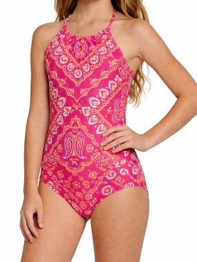 Hobie Girls One Piece Swimsuit Pink Boho Paisley Strappy Back NWT Size 16